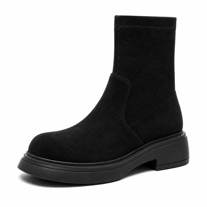 Women's panelled ankle boots with round toe and low heel