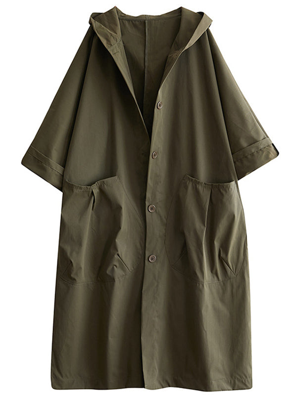 Women's long hooded trench coat with rolled sleeves and large front pockets