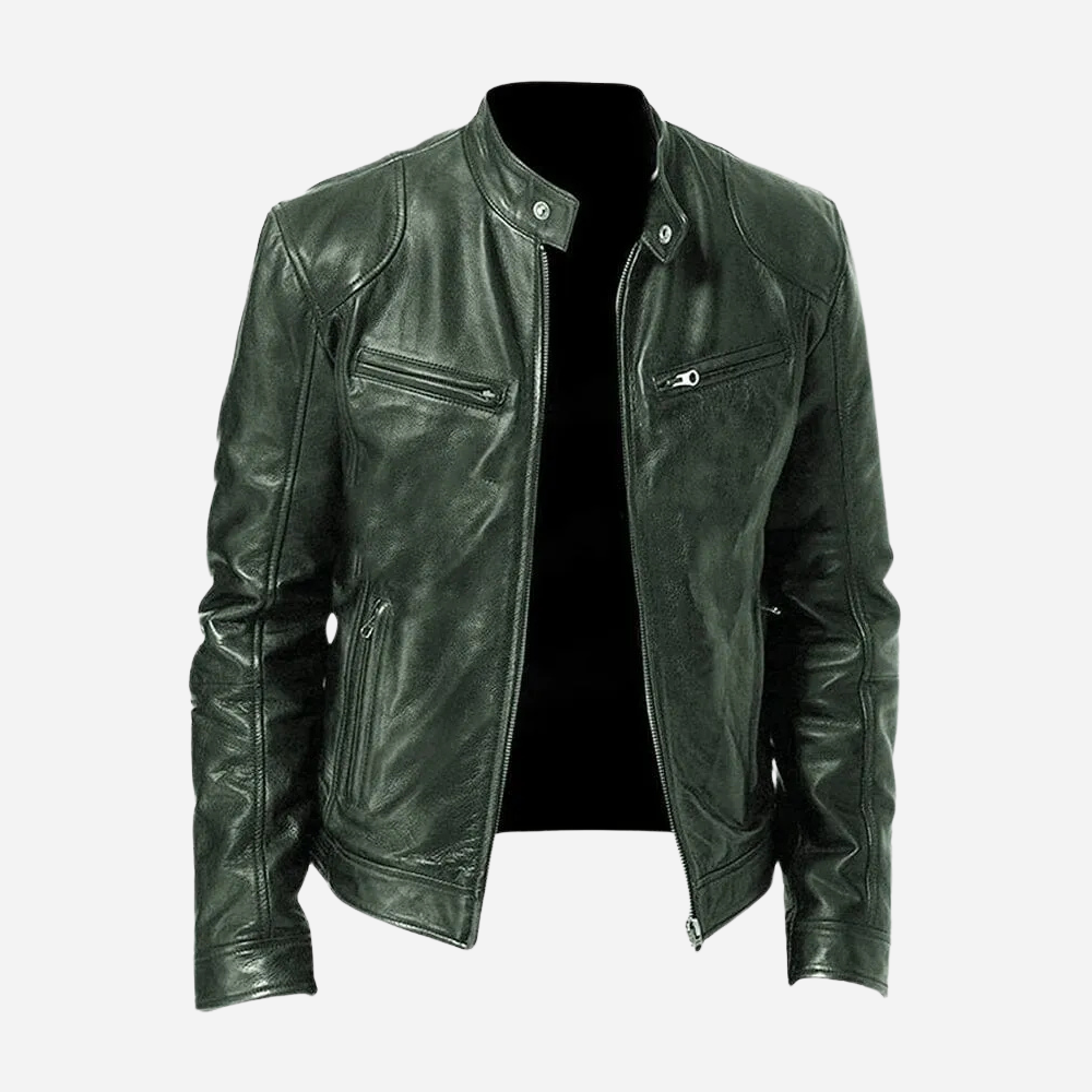 Men's solid biker jacket with stand collar and zipped pockets