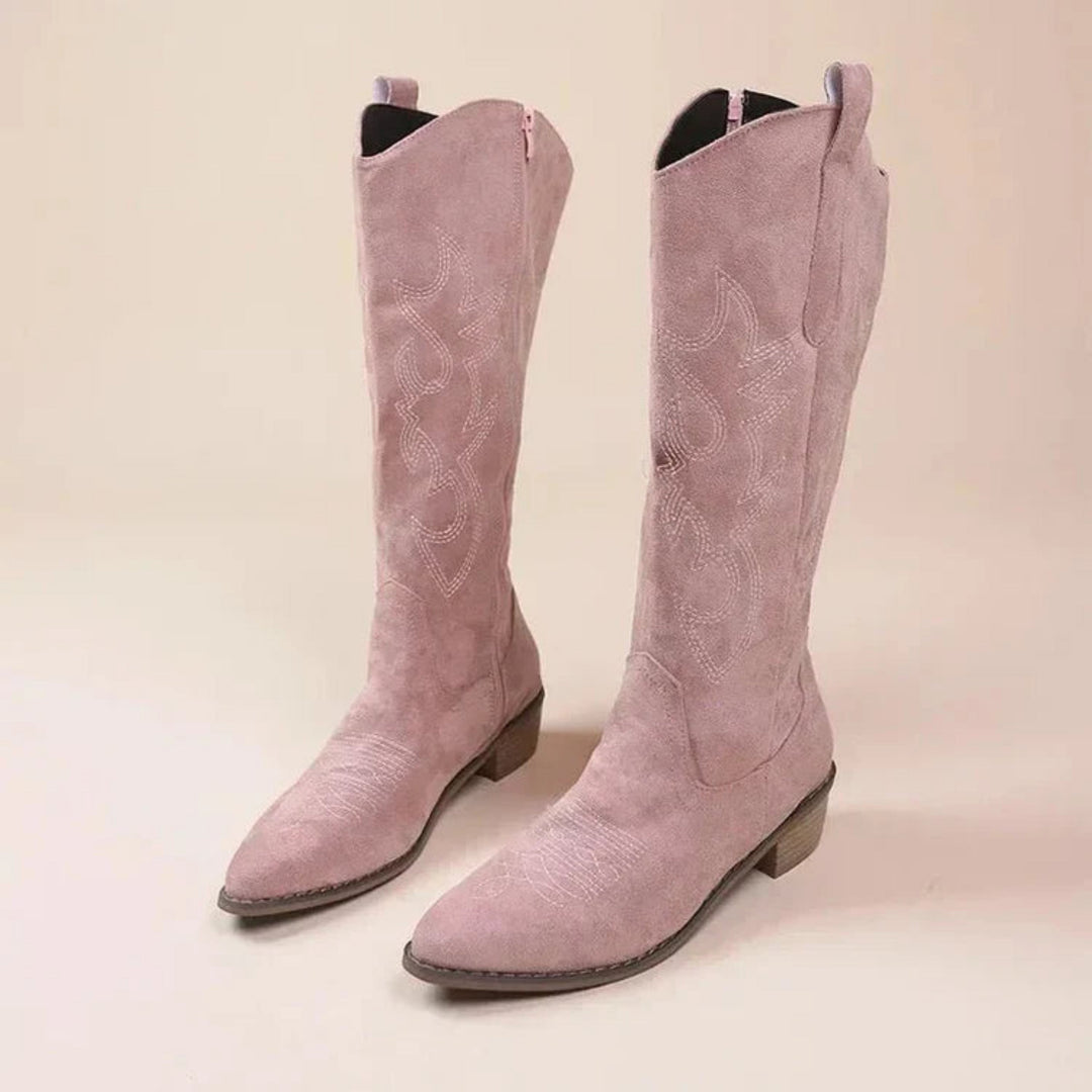 Women's tall cowboy boots with pointed toes, embroidered panels and low block heels