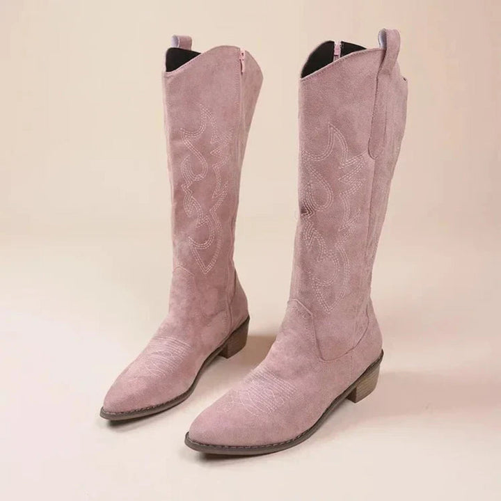 Women's tall cowboy boots with pointed toes, embroidered panels and low block heels