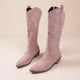 Women's tall cowboy boots with pointed toes, embroidered panels and low block heels