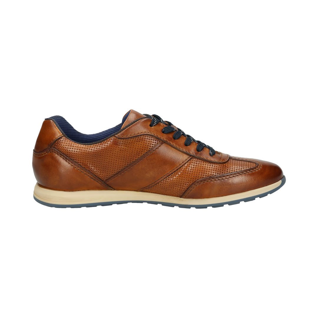 Cognac leather lace-up sneaker with textured panels and navy side stripe