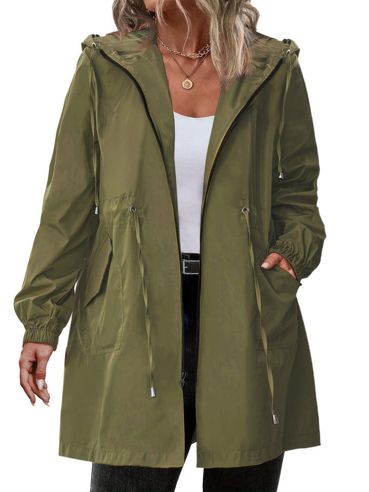 Women's longline hooded raincoat with drawstring waist
