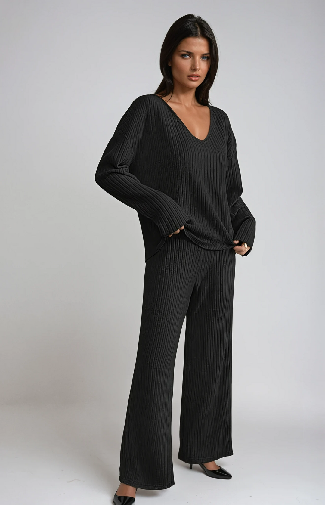 Women's ribbed two-piece lounge set with V-neck long-sleeved top and wide-leg trousers