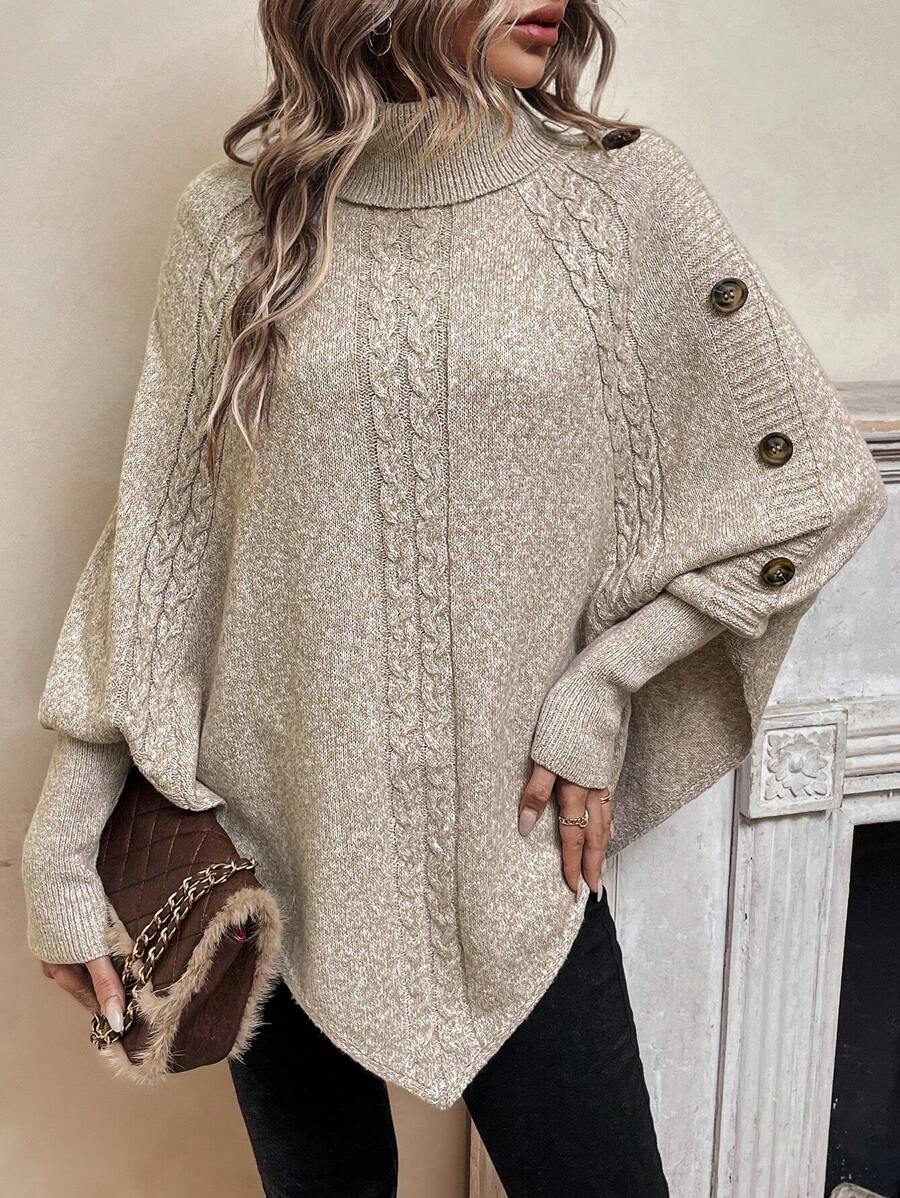 Women's cable knit poncho sweater with high neck, batwing sleeves and asymmetric hem