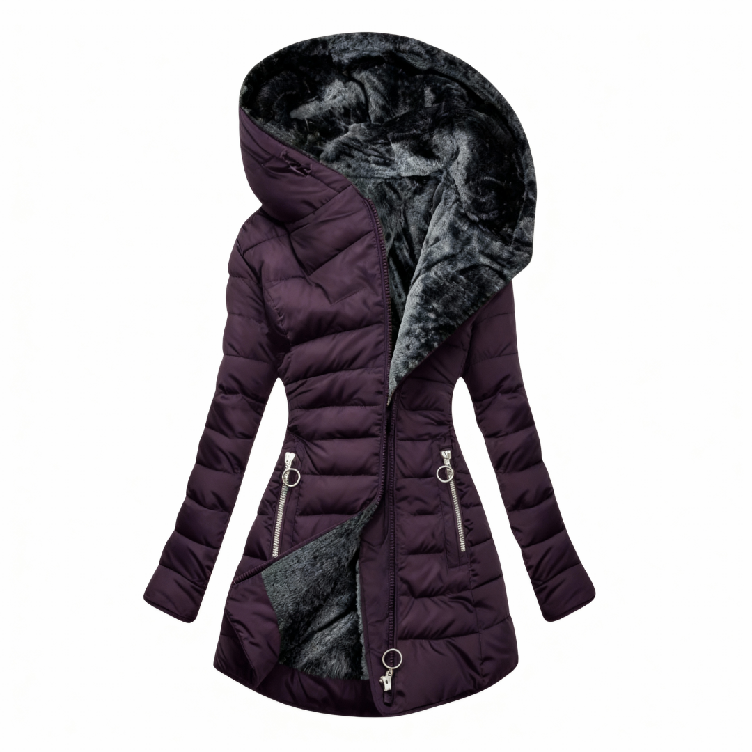 Women's hooded quilted coat with plush-textured lining and zip pockets