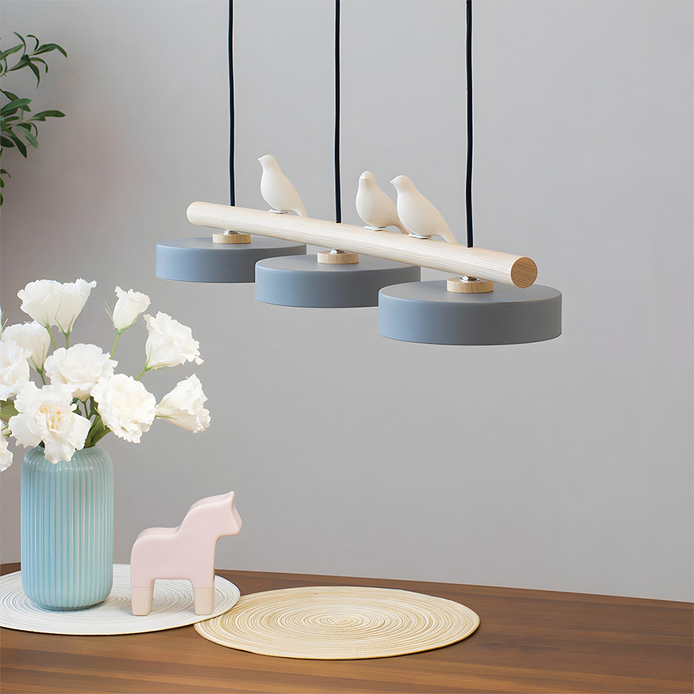 Three-lamp LED pendant light with wood-effect bar and bird details