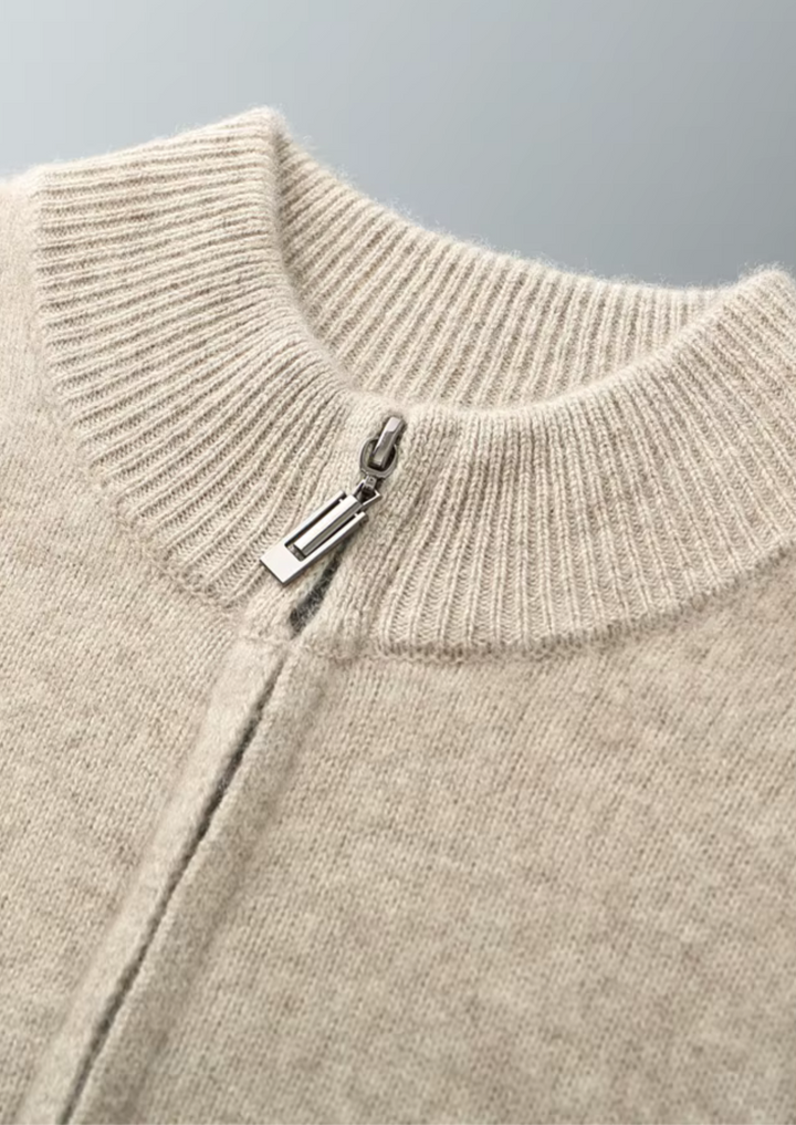 Men's beige knit cardigan and jogger set with zip front and drawstring trousers