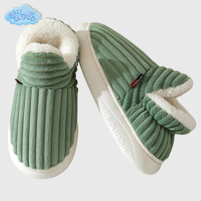 Ribbed plush-lined slip-on slippers with round toes and flat white soles