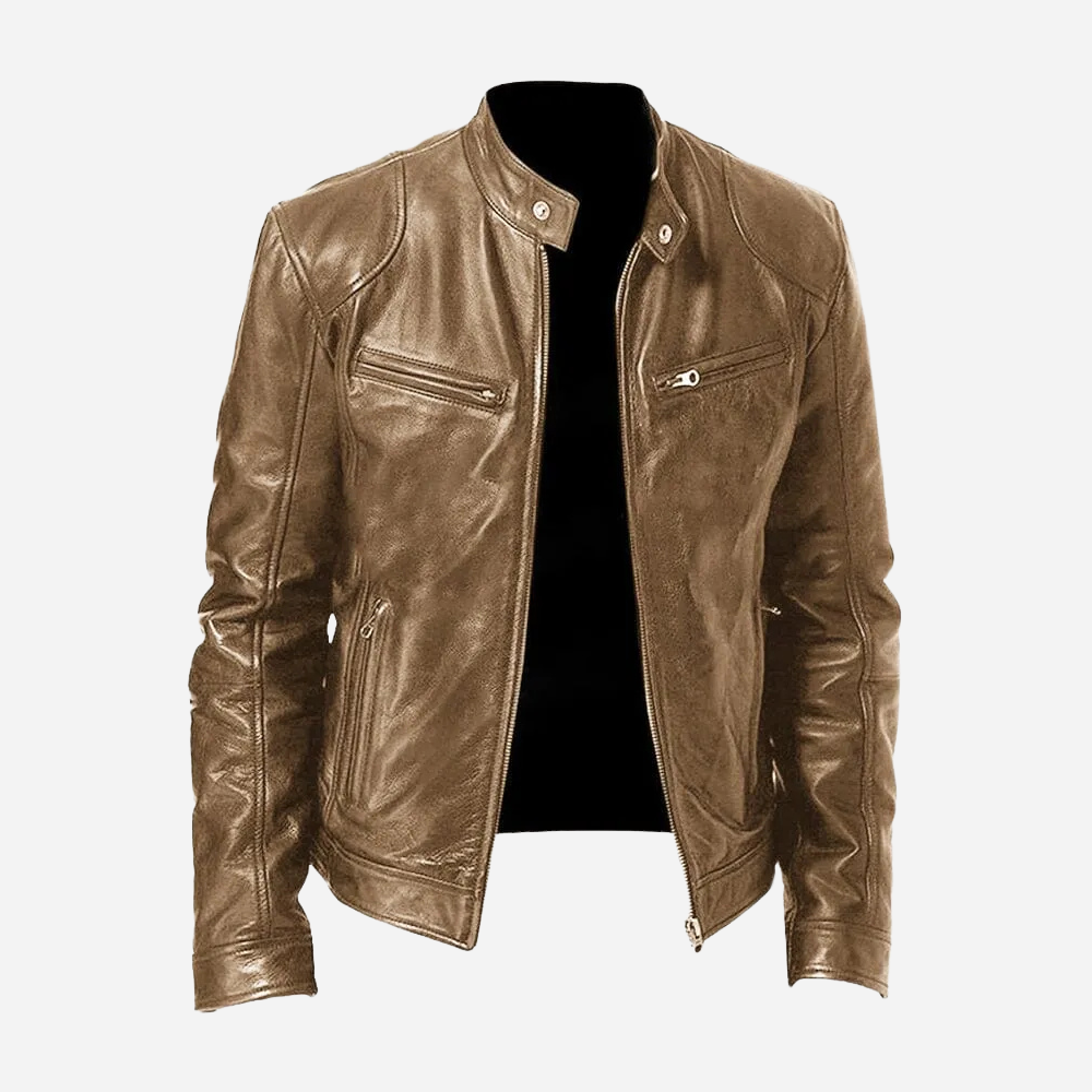 Men's solid biker jacket with stand collar and zipped pockets
