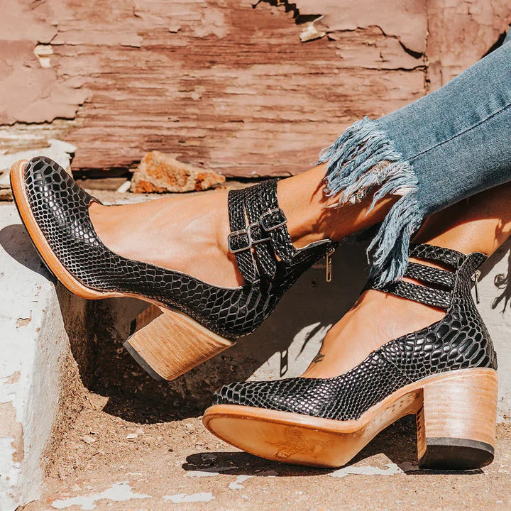 Women's ankle strap pumps with buckles and block heels