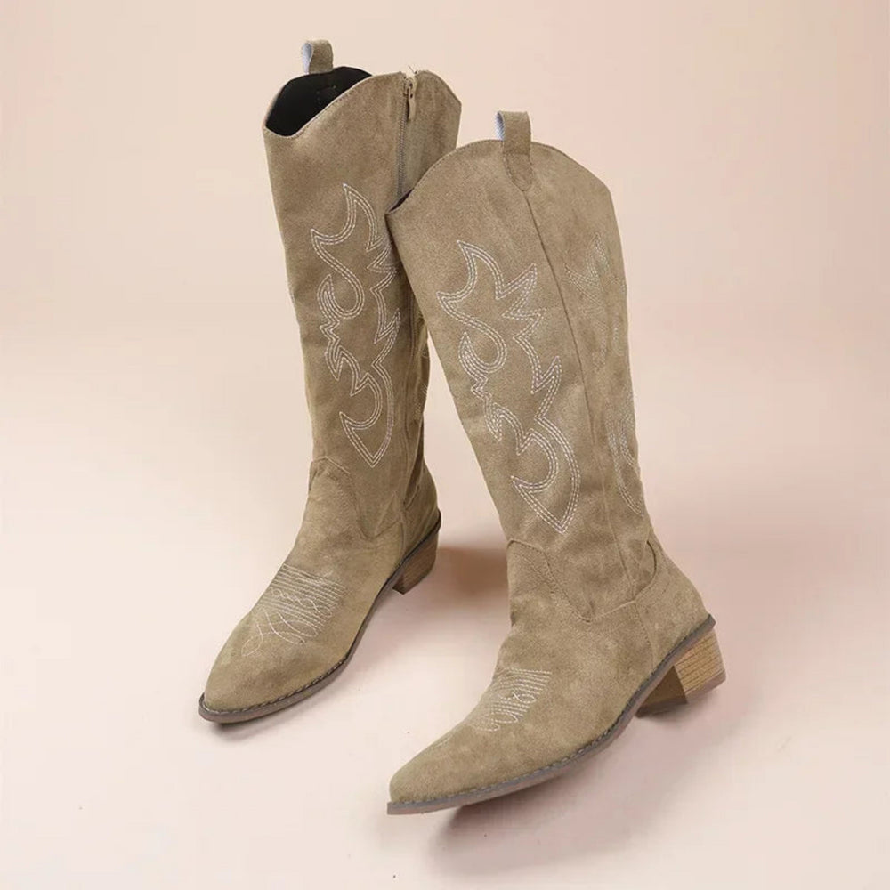Women's tall cowboy boots with pointed toes, embroidered panels and low block heels