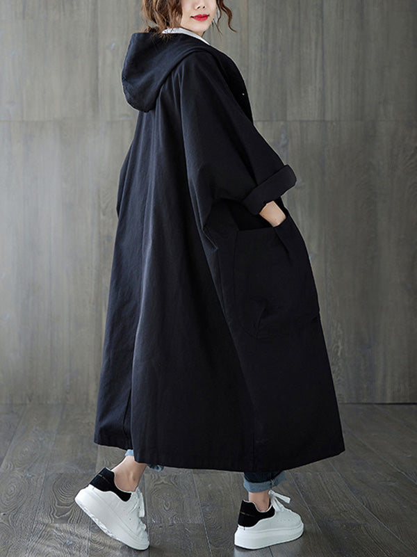 Women's long hooded trench coat with rolled sleeves and large front pockets