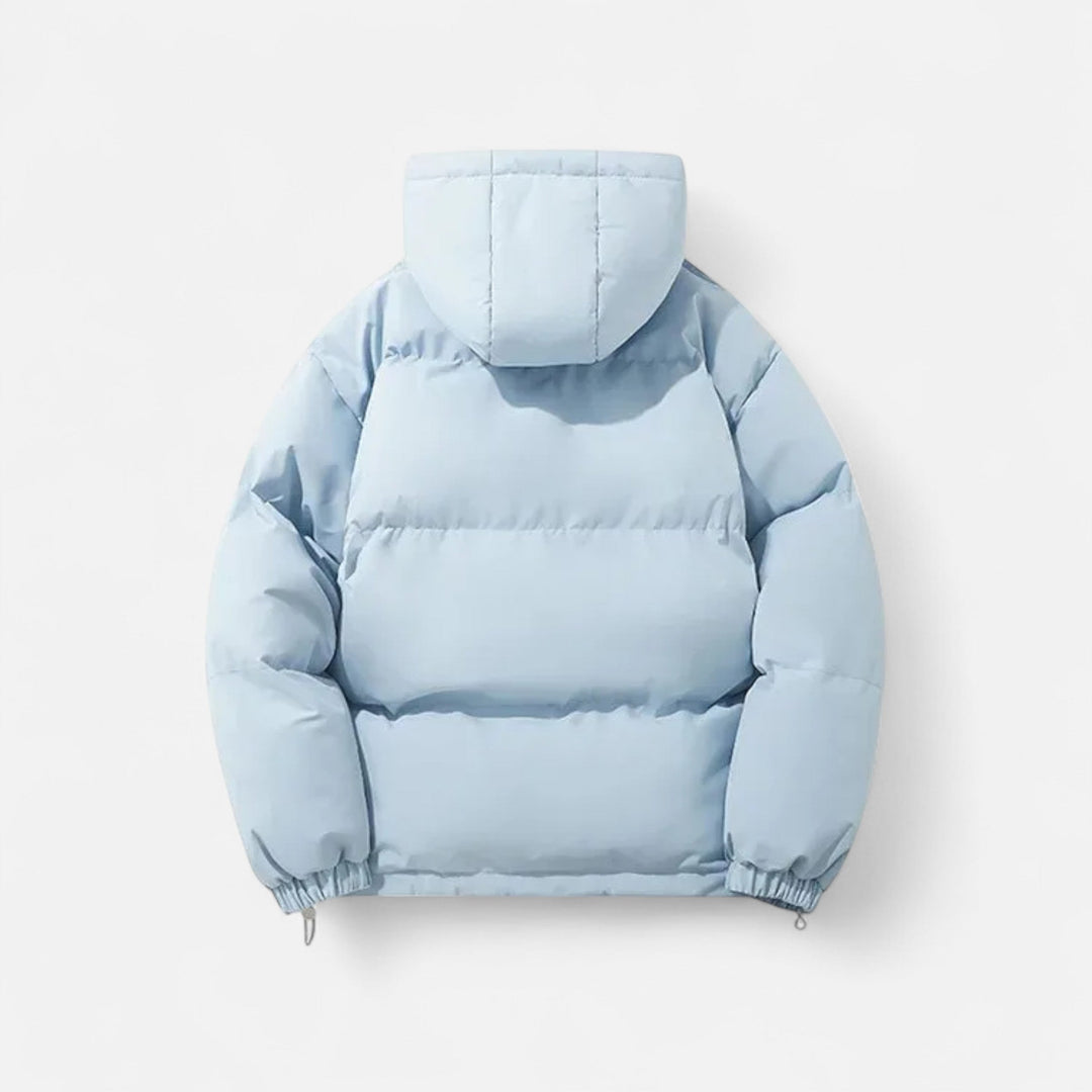 Unisex hooded quilted puffer jacket with zip front and side pockets