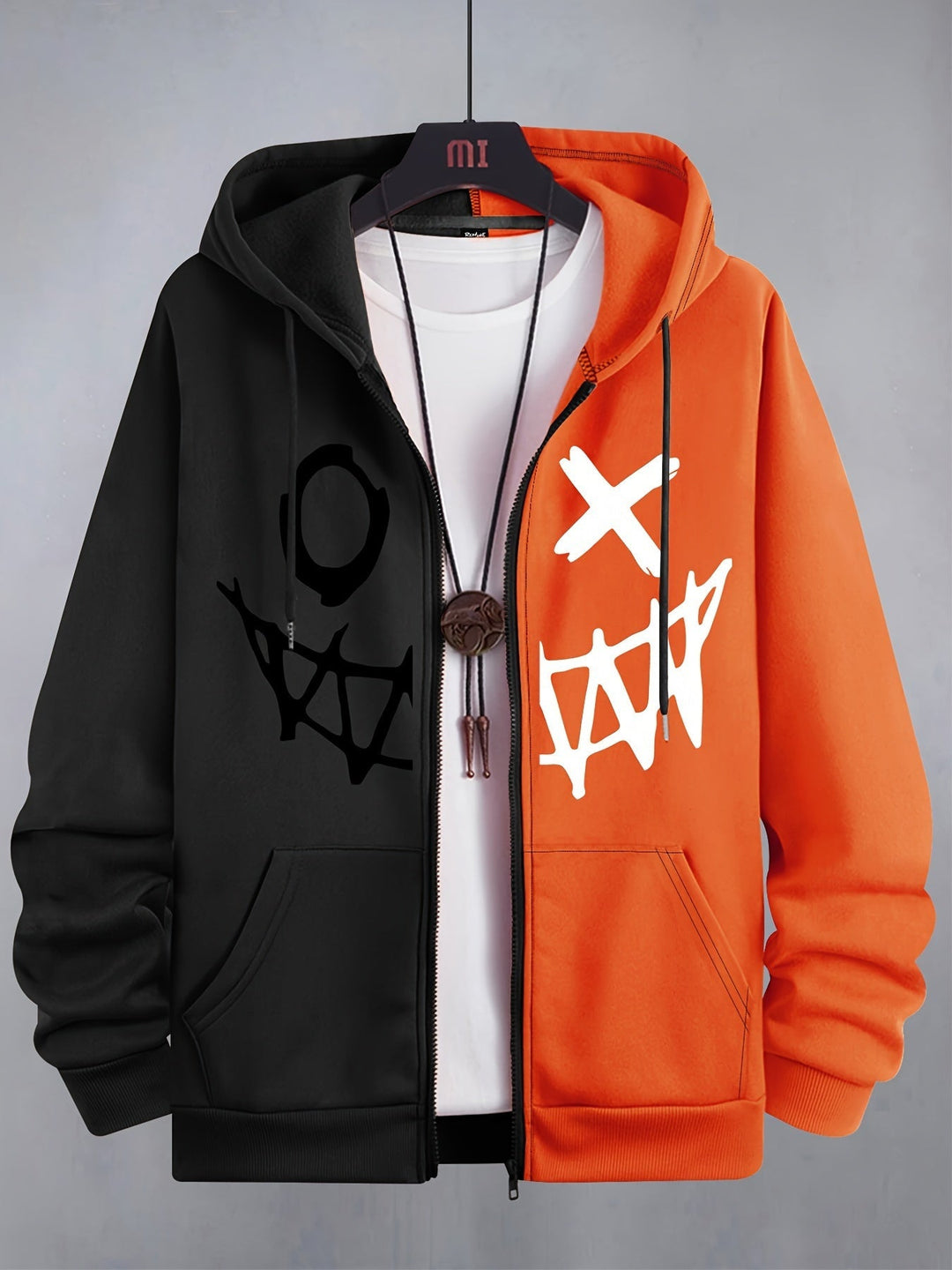 Two-tone men's zip-up hoodie with graphic face print and front pockets