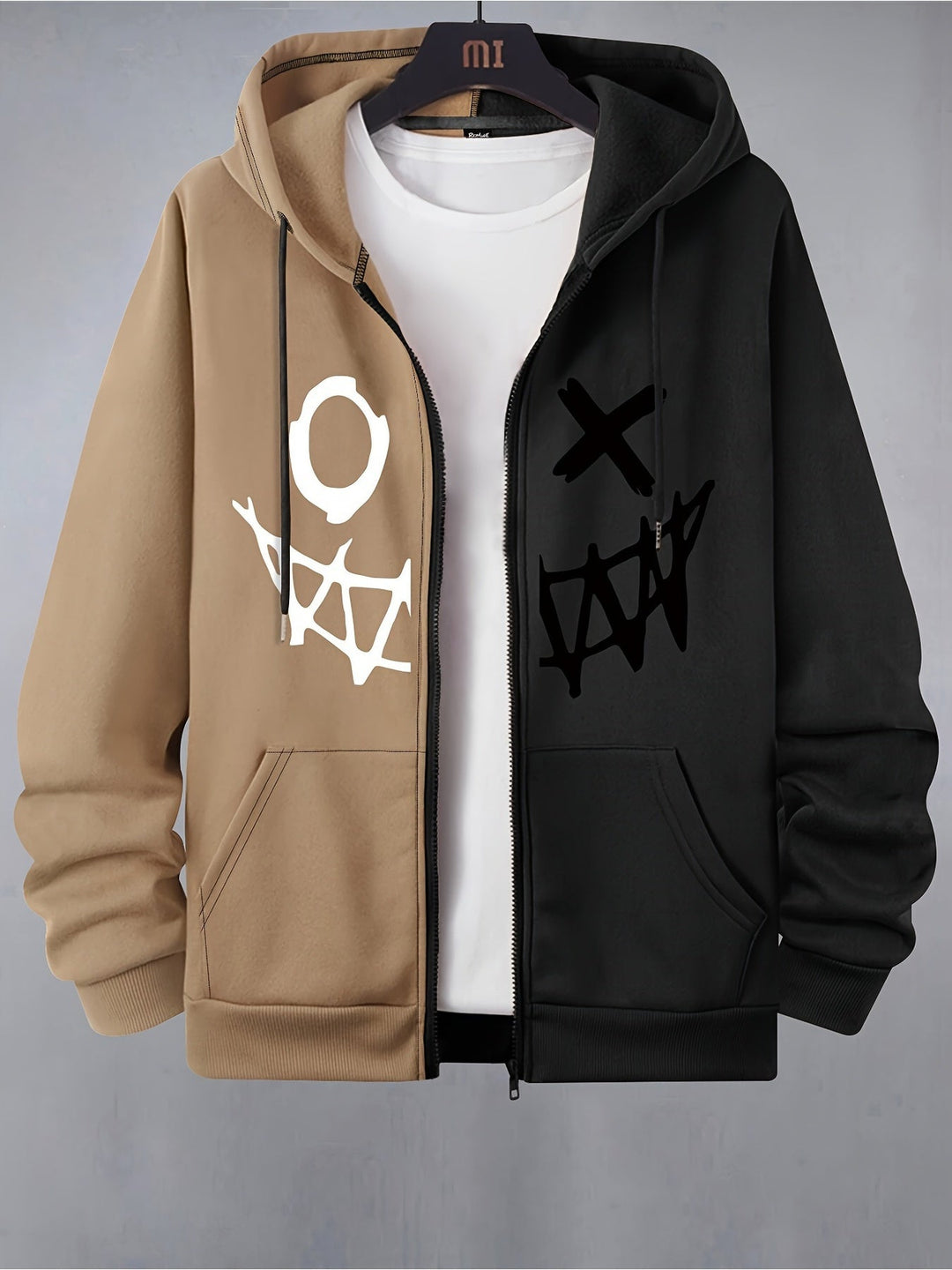 Two-tone men's zip-up hoodie with graphic face print and front pockets