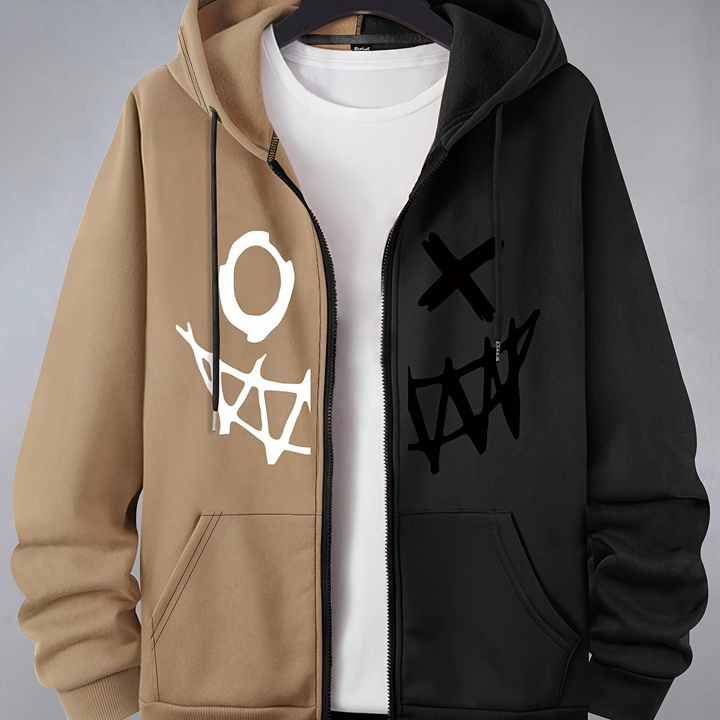 Two-tone men's zip-up hoodie with graphic face print and front pockets