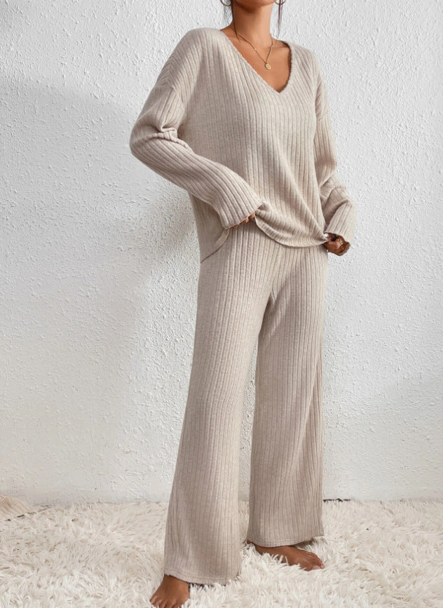 Ribbed Knit Sweater and Trousers Set in Beige - View 3 | Bellmere