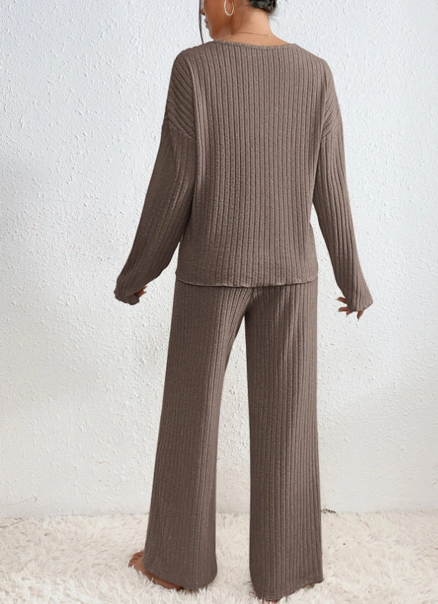 Ribbed Knit Sweater and Trousers Set in Beige - View 5 | Bellmere