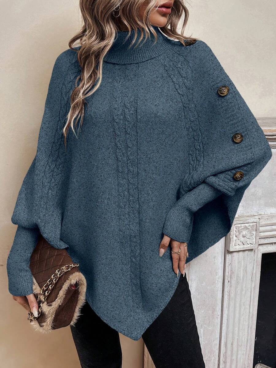 Women's cable knit poncho sweater with high neck, batwing sleeves and asymmetric hem