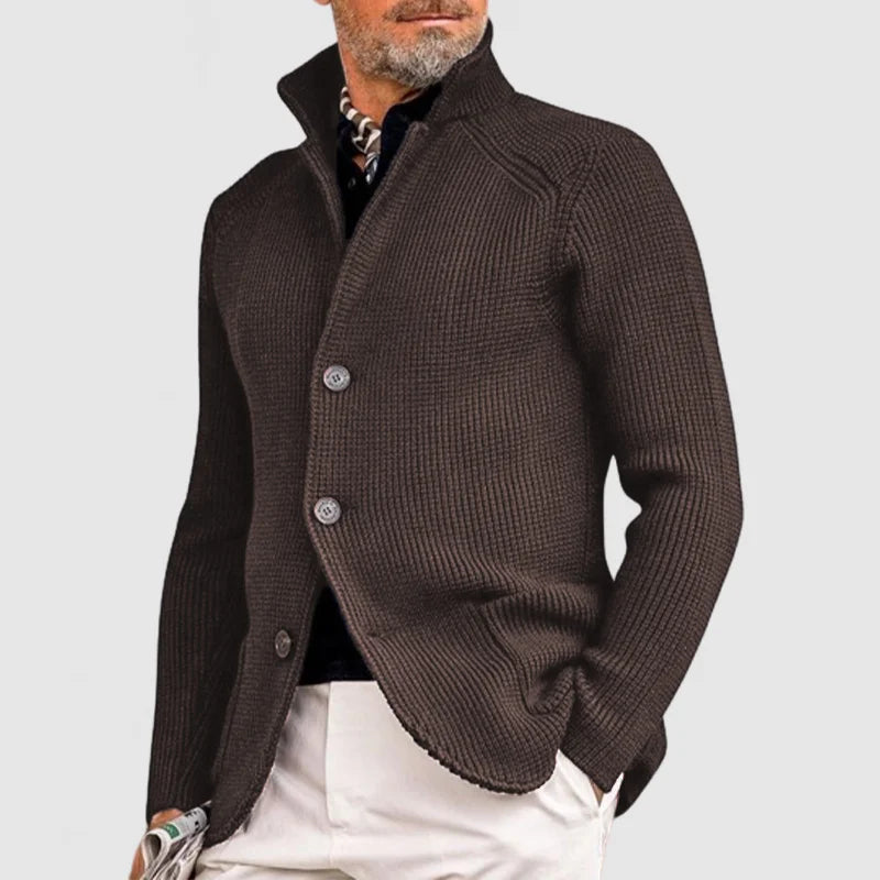 Men's textured knit cardigan with stand collar, button front and patch pockets