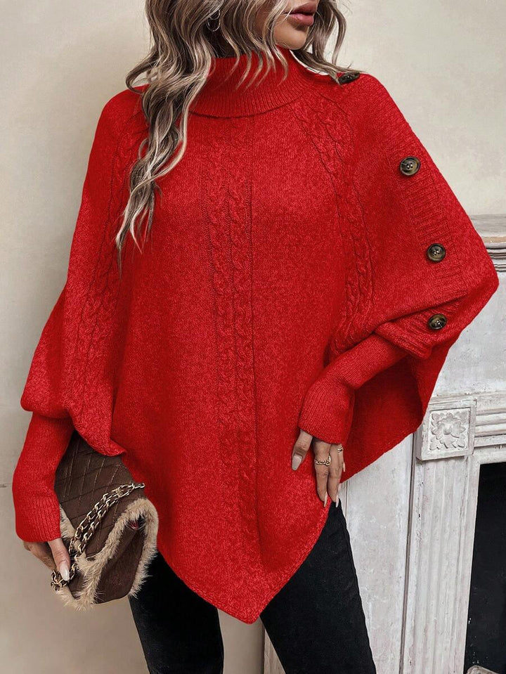 Women's cable knit poncho sweater with high neck, batwing sleeves and asymmetric hem
