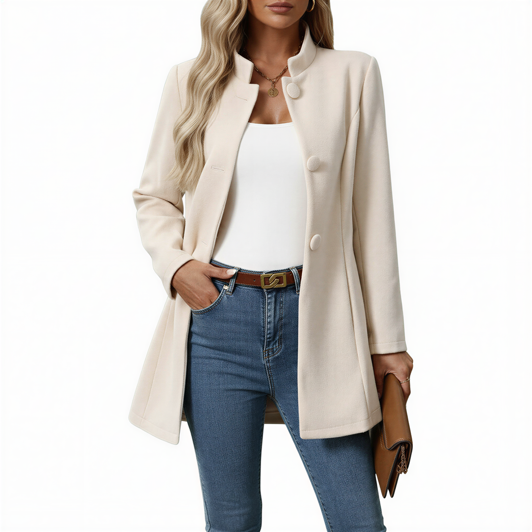 Women's A-line button-front coat with stand collar and long sleeves