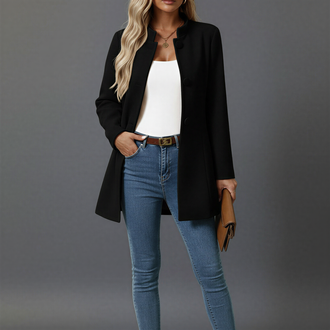 Women's A-line button-front coat with stand collar and long sleeves
