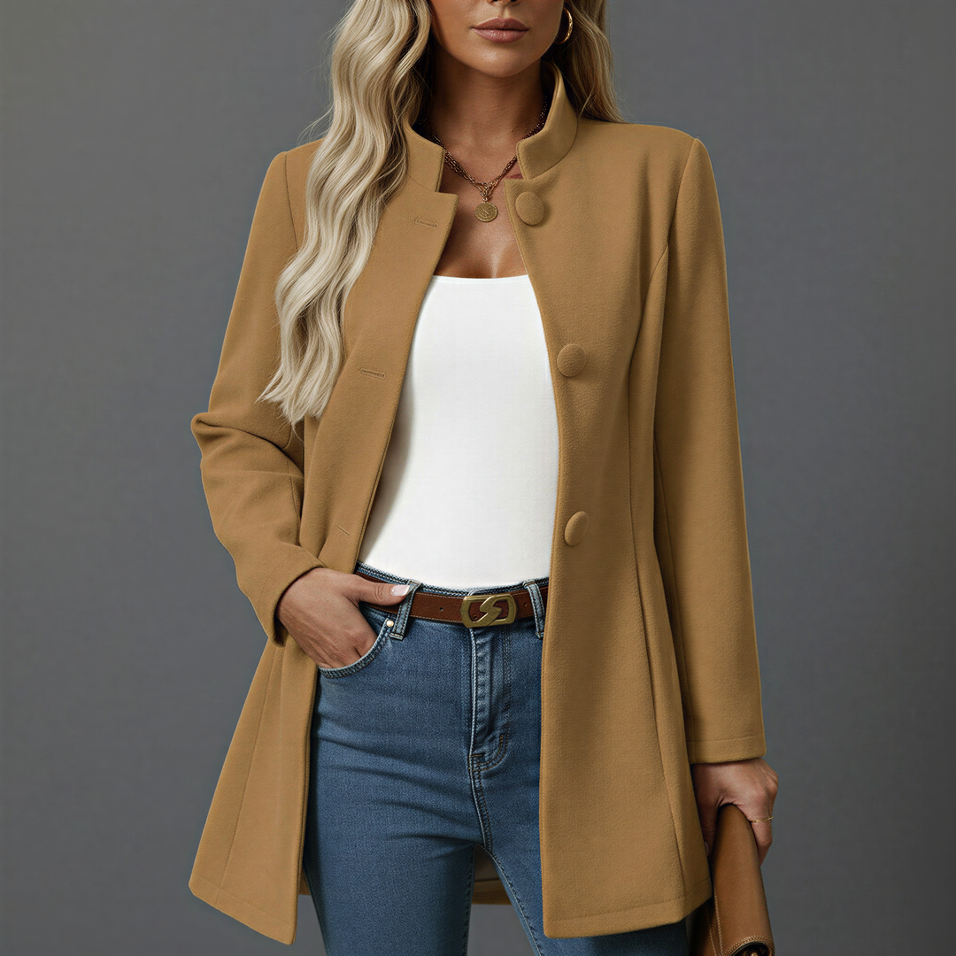 Women's A-line button-front coat with stand collar and long sleeves