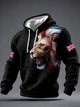 Men's hoodie with lion graphic, drawstring hood and sleeve flag patches