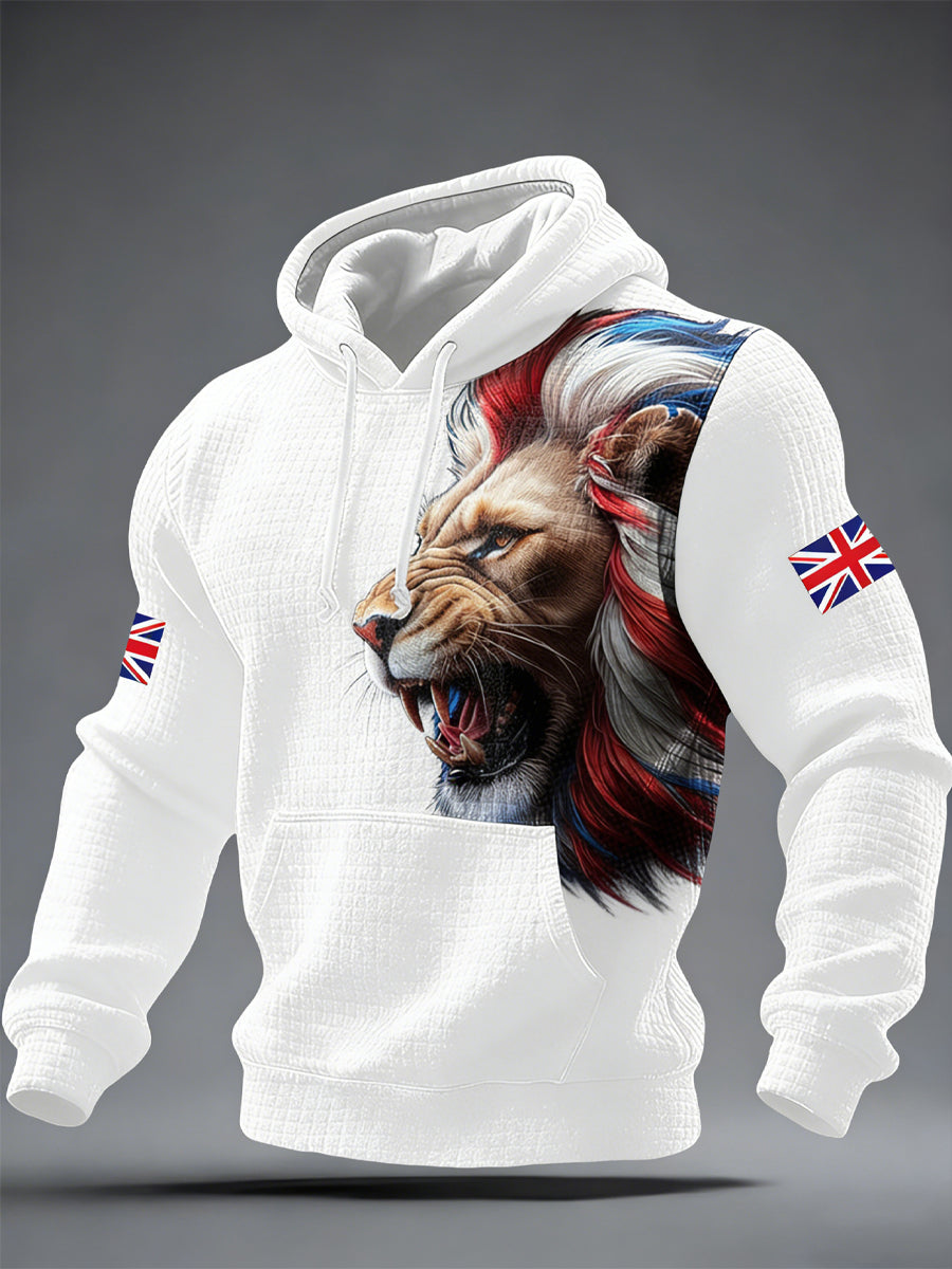 Men's hoodie with lion graphic, drawstring hood and sleeve flag patches