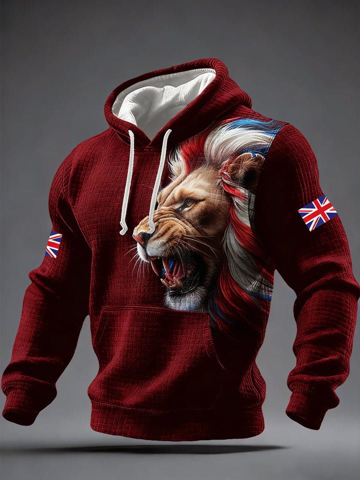 Men's hoodie with lion graphic, drawstring hood and sleeve flag patches