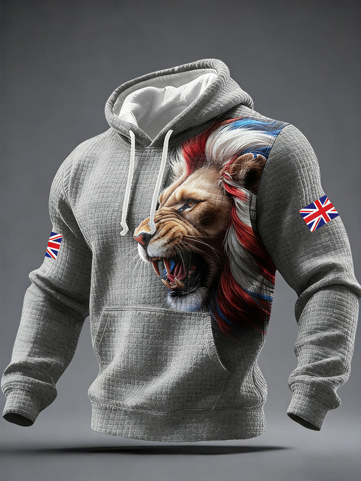 Men's hoodie with lion graphic, drawstring hood and sleeve flag patches