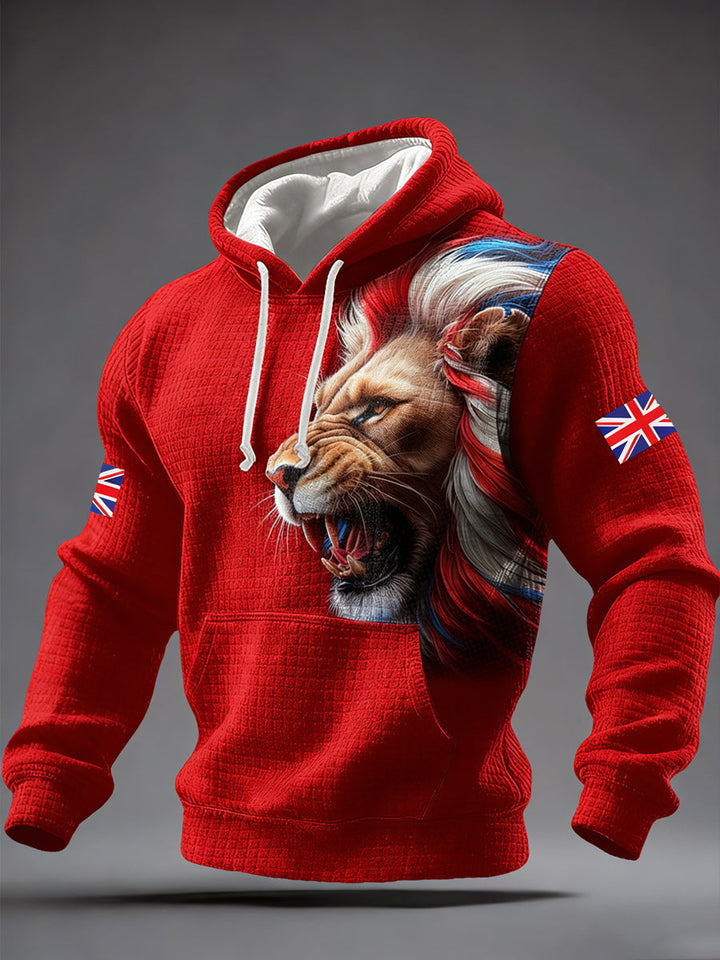 Men's hoodie with lion graphic, drawstring hood and sleeve flag patches