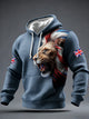 Men's hoodie with lion graphic, drawstring hood and sleeve flag patches