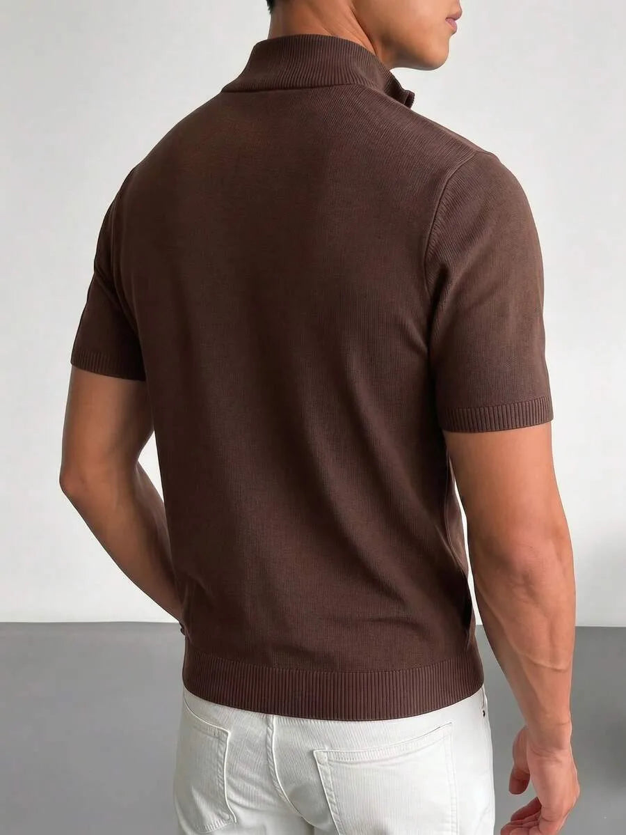 Men's short-sleeve knit polo shirt with raised collar and half-zip front