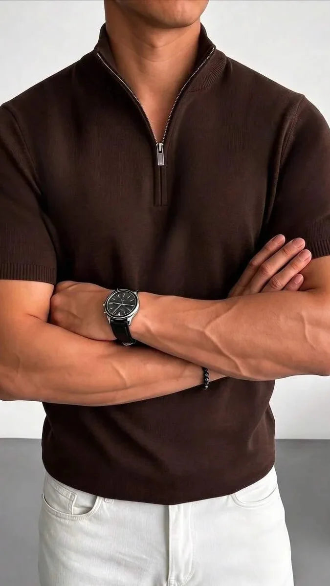 Men's short-sleeve knit polo shirt with raised collar and half-zip front