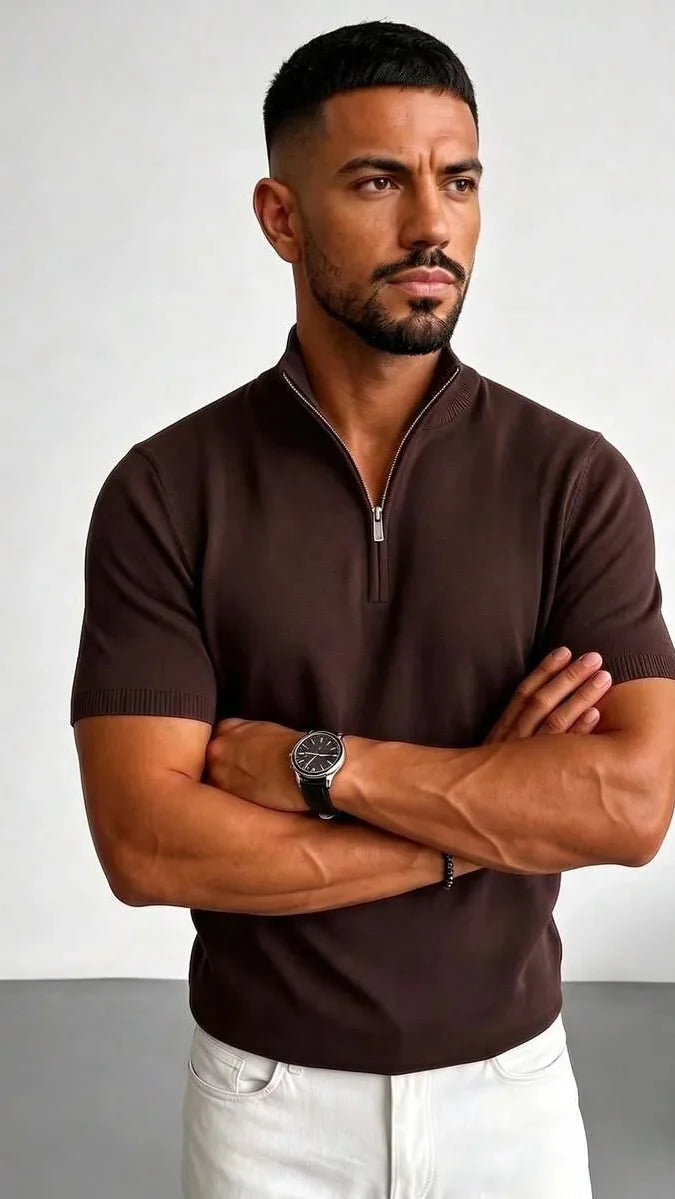 Men's short-sleeve knit polo shirt with raised collar and half-zip front