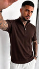 Men's short-sleeve knit polo shirt with raised collar and half-zip front