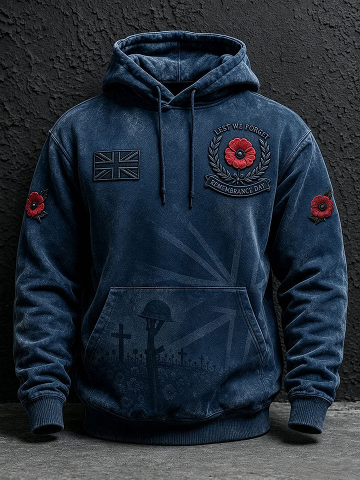 Men's oversized Remembrance Day hoodie with poppy graphics and front pocket
