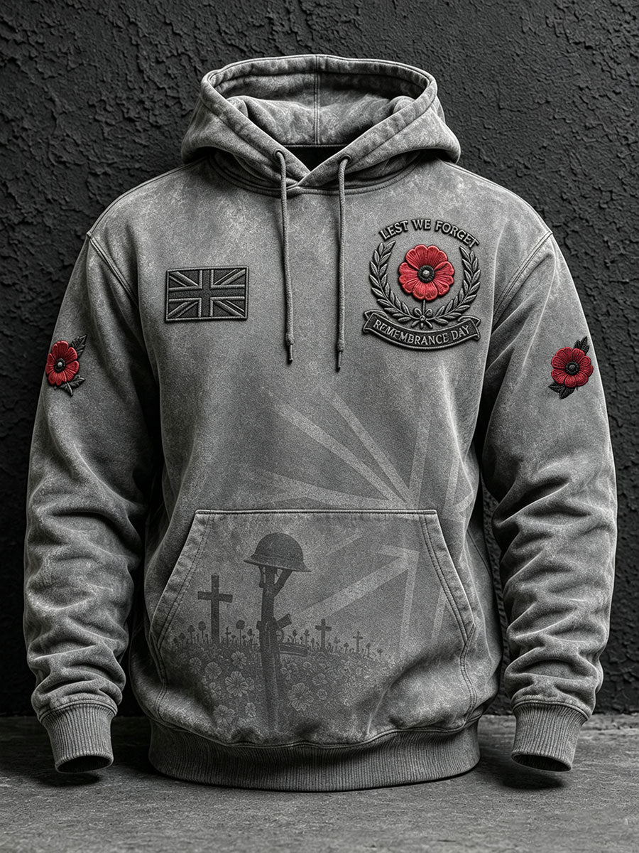 Men's oversized Remembrance Day hoodie with poppy graphics and front pocket