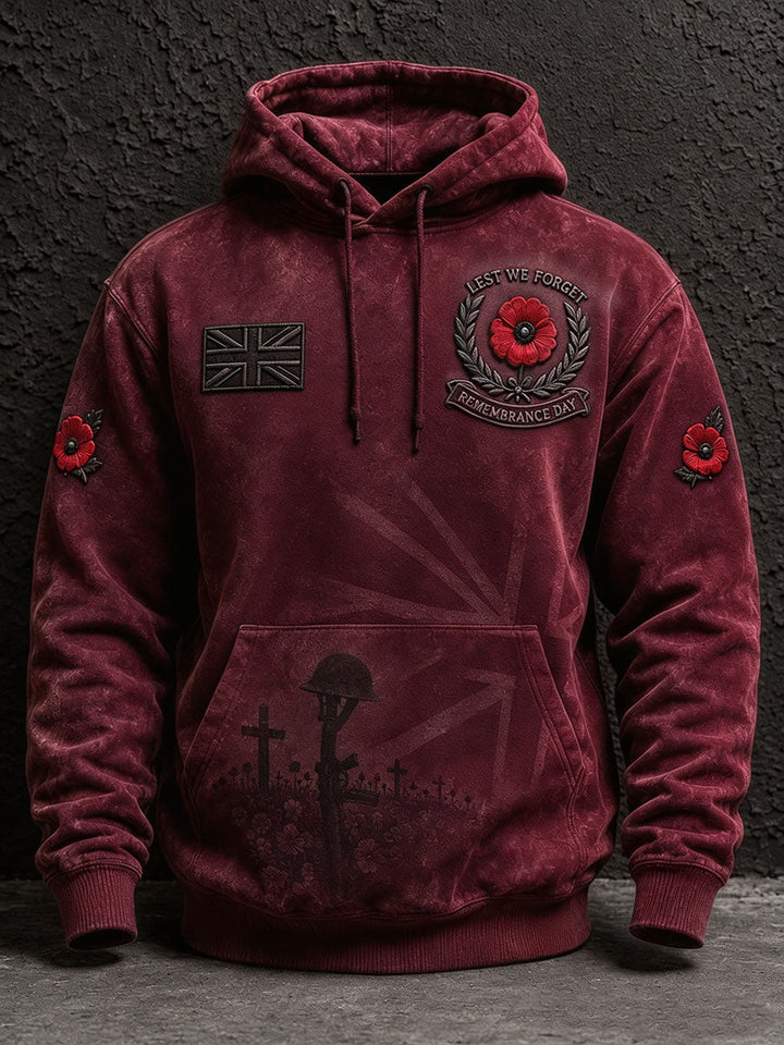 Men's oversized Remembrance Day hoodie with poppy graphics and front pocket