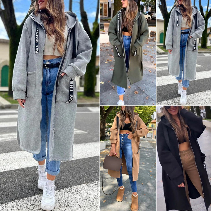 Women's long hooded coat with front zipper, patch pockets and contrasting trim