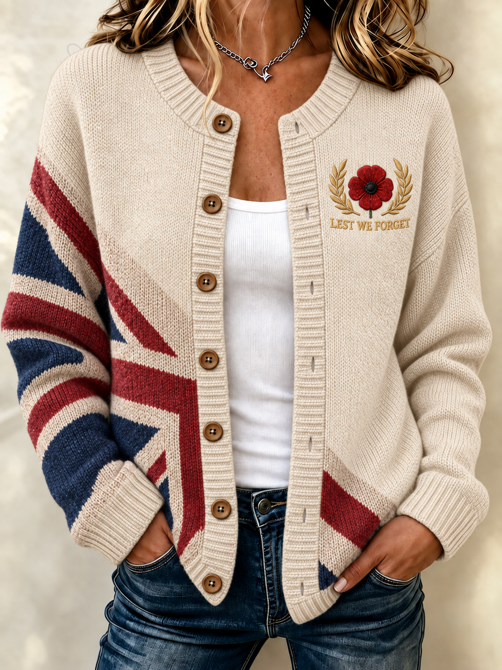Women's striped button-front cardigan with embroidered poppy motif and front pockets
