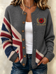 Women's striped button-front cardigan with embroidered poppy motif and front pockets