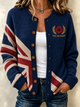 Women's striped button-front cardigan with embroidered poppy motif and front pockets