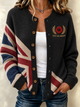 Women's striped button-front cardigan with embroidered poppy motif and front pockets