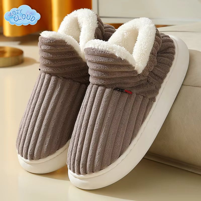 Ribbed plush-lined slip-on slippers with round toes and flat white soles