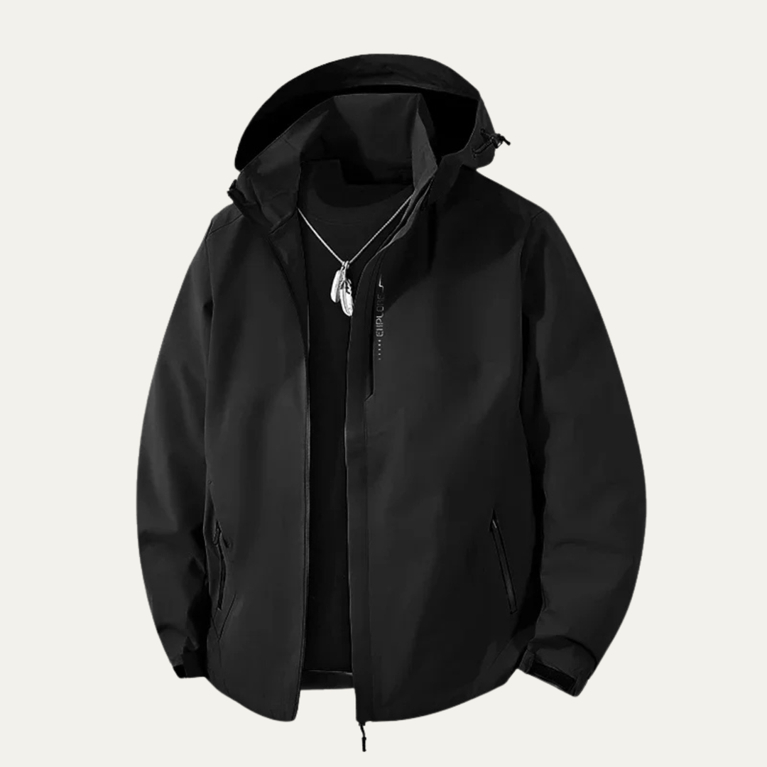 Men's hooded zip front jacket with long sleeves and zipped pockets